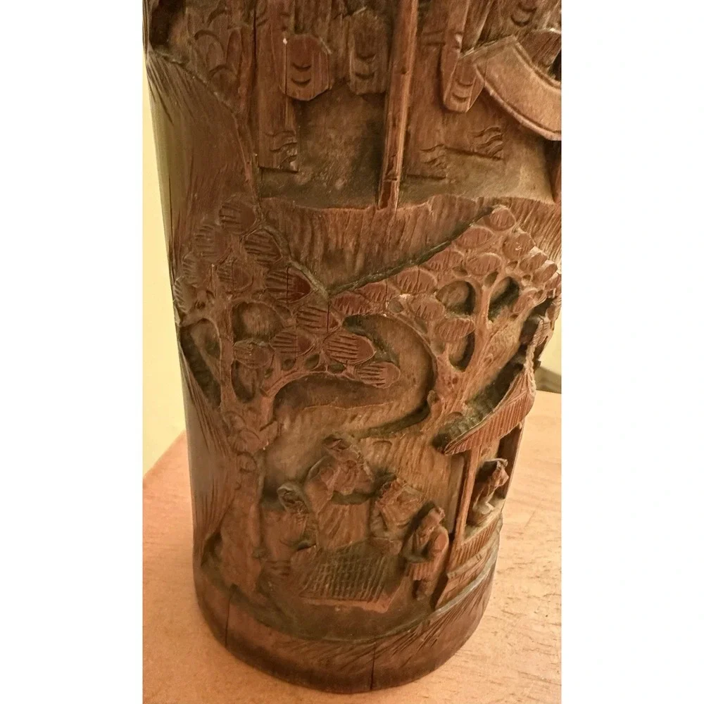 Antique Chinese carved‎ landscapes and figurines bamboo brush pot Vase